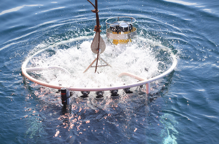 Roseta de toma de mostras caendo á auga.
